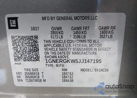 2018 Chevrolet Traverse 1Lt из США, поврежденный, VIN 1GNERGKW5JJ147195